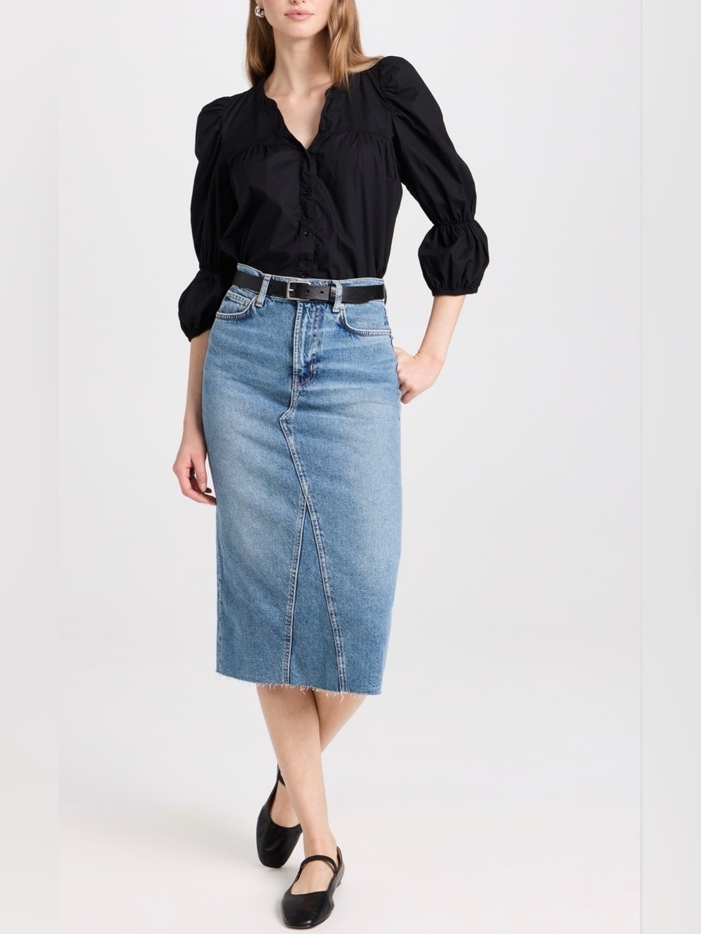 RAILS Highland Denim Midi Skirt Raw Hem Blue Wash Quiet Luxury Minimalist
Sz 24